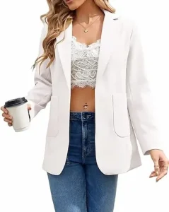 Chaquetas casuales para mujer con frente abierto manga larga cuello de solapa para oficina Blanco