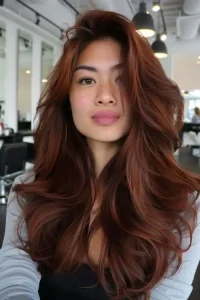 mujer con cabello color Chocolate Cherry