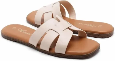 Athlefit Sandalias planas elegantes de verano para mujer con puntera abierta sandalias de cuero