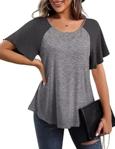 Blusa casual con cuello redondo y mangas cortas acampanadas de corte tipo tunica. Con mangas raglan es una opcion comoda y favorecedora para brazos anchos